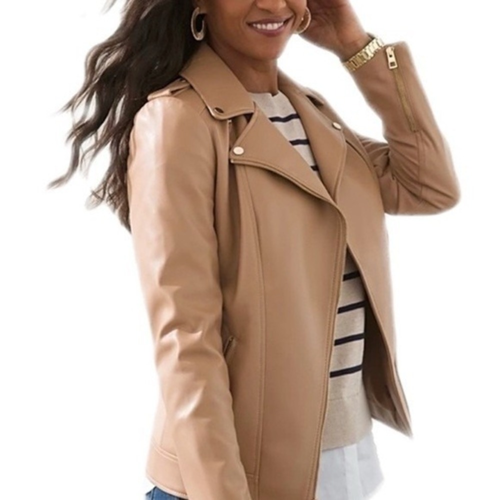 Y2K 90s Faux Leather Moto Women Jacket Sz 2 US 12 14  Minimalist Camel Chico's